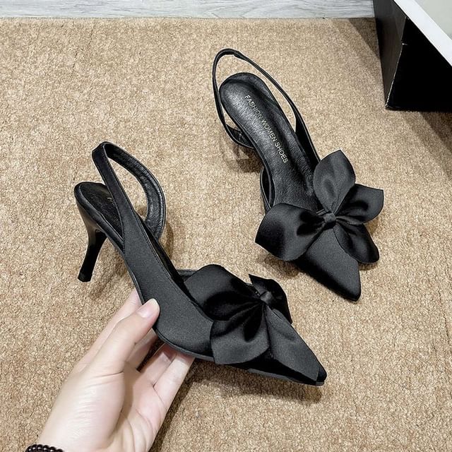 Slingback Bow Pointed Toe Pumps Satin