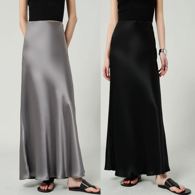 Waist Satin Plain High A-Line Skirt Maxi