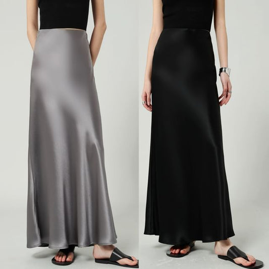 Plain High Waist Maxi A-Line Skirt Satin