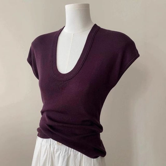 Slim Plain Top Scoop Neck Fit Cap-Sleeve Knit