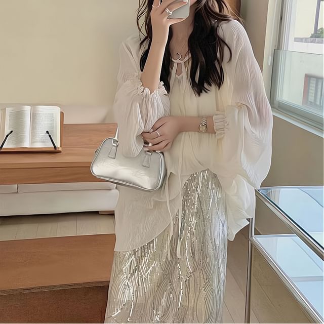 V-Neck H-Line Blouse Plain Cami Set Skirt Tie Top Rise Midi Sequin Long-Sleeve Sheer / Front High