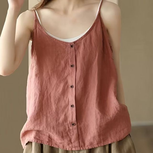 Scoop Buttoned Camisole Neck Plain Top