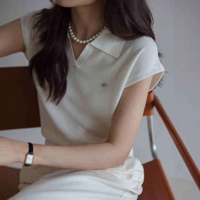 Top V-Neck Collared Plain Crop Knit Cap-Sleeve