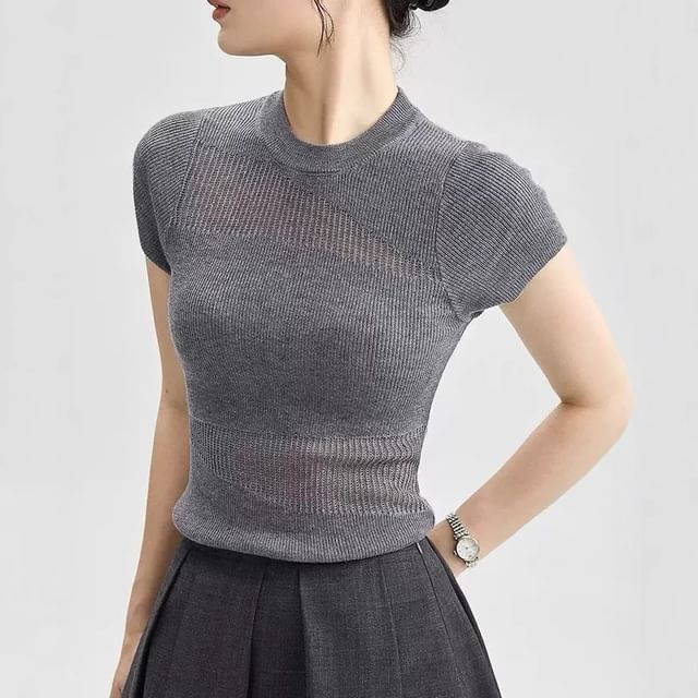 Top Plain Sheer Knit Panel Round Cap-Sleeve Neck