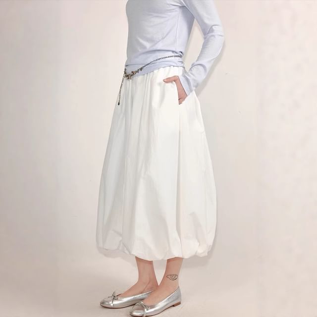 Paperbag Plain Elastic Midi Waist Skirt