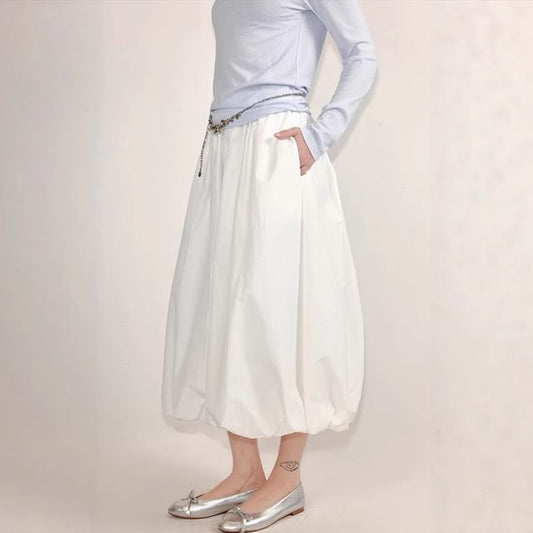 Paperbag Plain Elastic Midi Waist Skirt