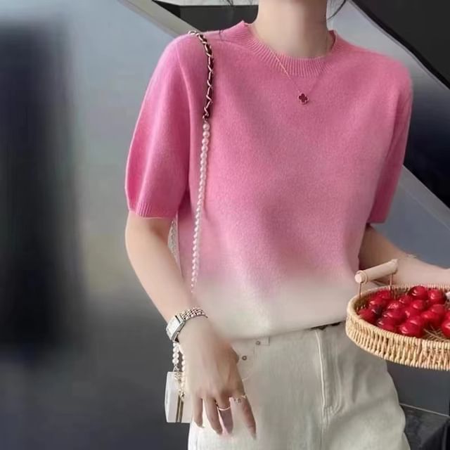 Gradient Neck Top Crew Short-Sleeve Knit