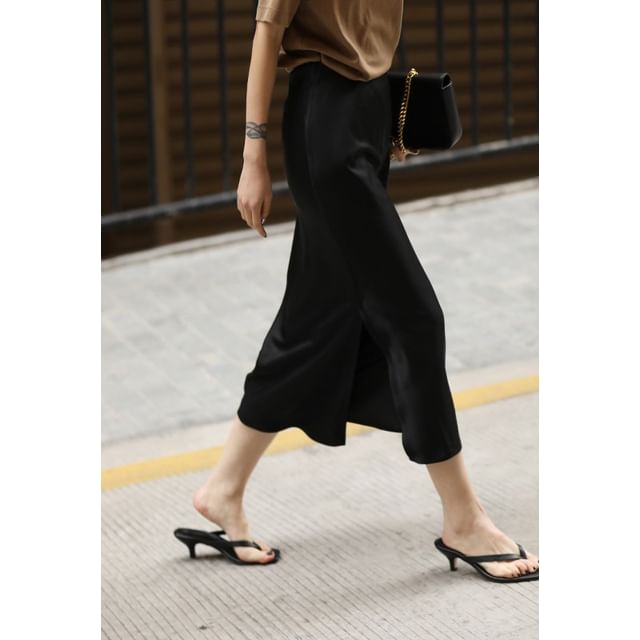 Midi High Satin Skirt Rise Plain Slit Pencil
