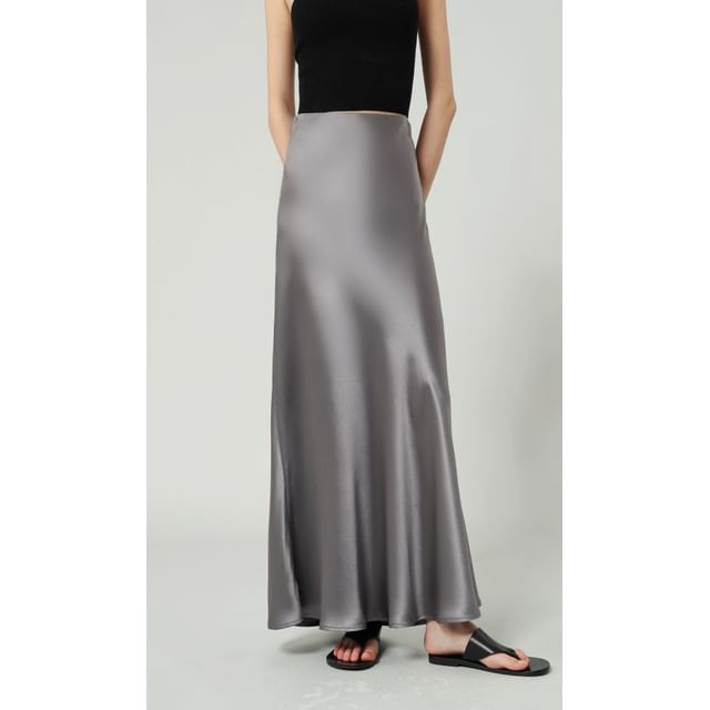 Plain High Waist Maxi A-Line Skirt Satin