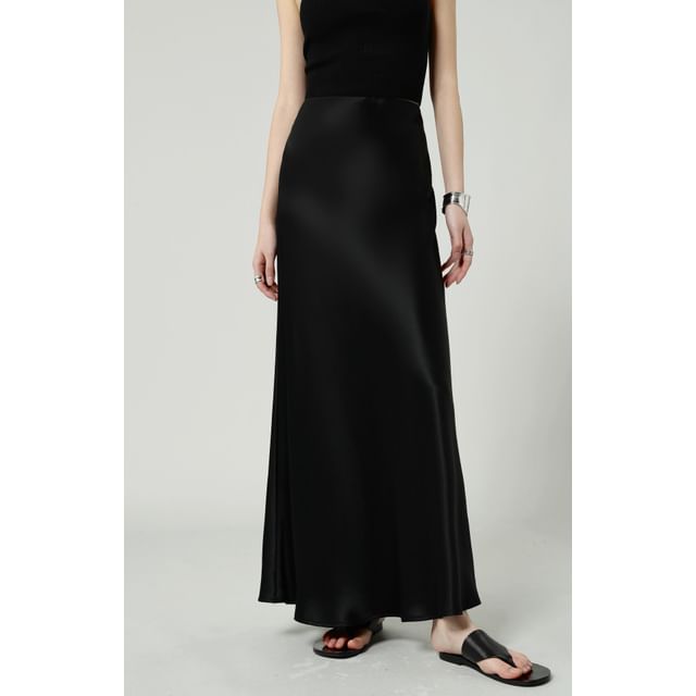 Waist Satin Plain High A-Line Skirt Maxi