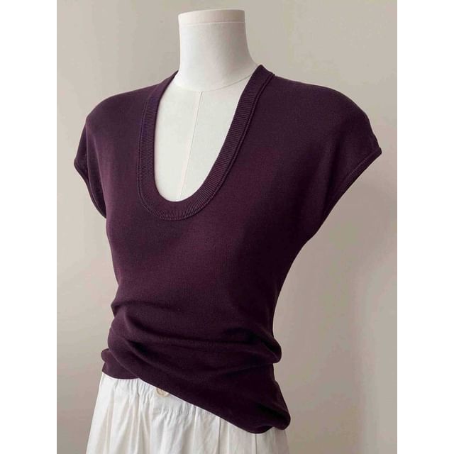 Slim Plain Top Scoop Neck Fit Cap-Sleeve Knit