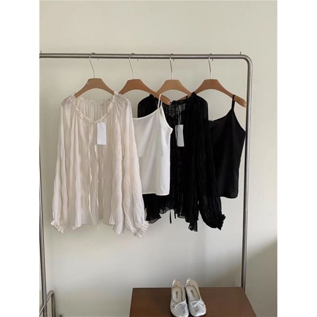 V-Neck H-Line Blouse Plain Cami Set Skirt Tie Top Rise Midi Sequin Long-Sleeve Sheer / Front High