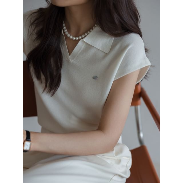 Top Plain Cap-Sleeve Collared Knit Crop V-Neck