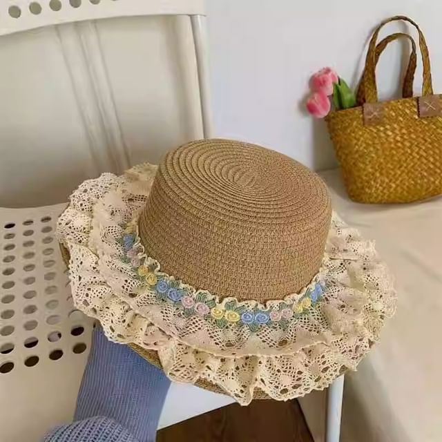 Straw Floral Trim Hat Lace