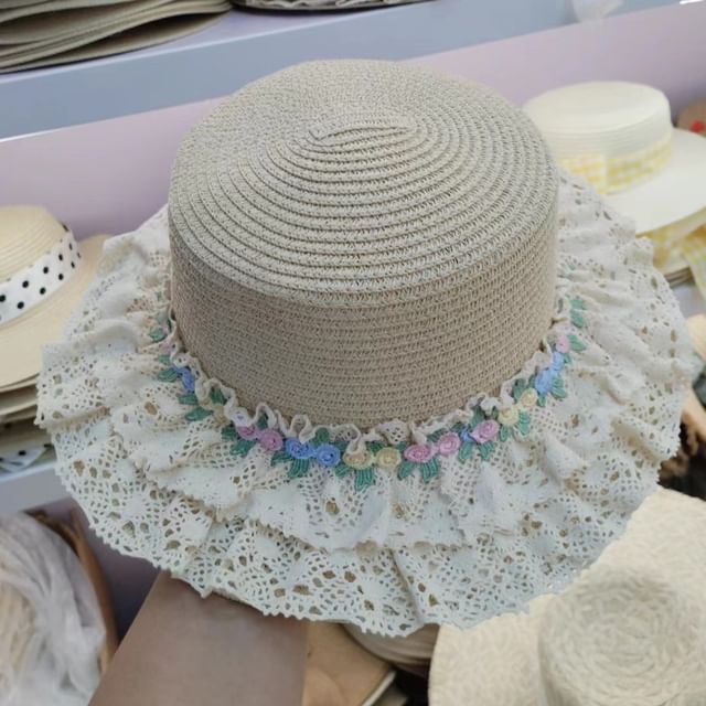Straw Floral Trim Hat Lace