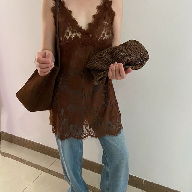 Plain Spaghetti Top Cami Lace Strap V-Neck