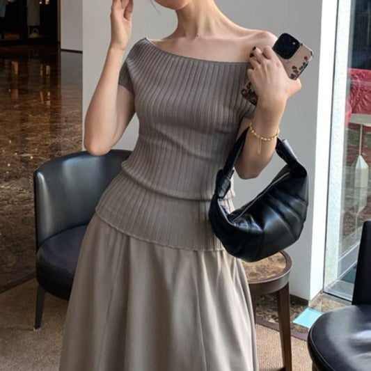 Knit Top Plain Shoulder Ribbed Off Short-Sleeve
