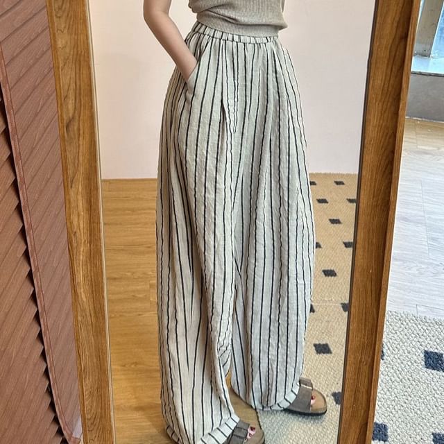 Wide Waist Striped Pants Leg High Plain