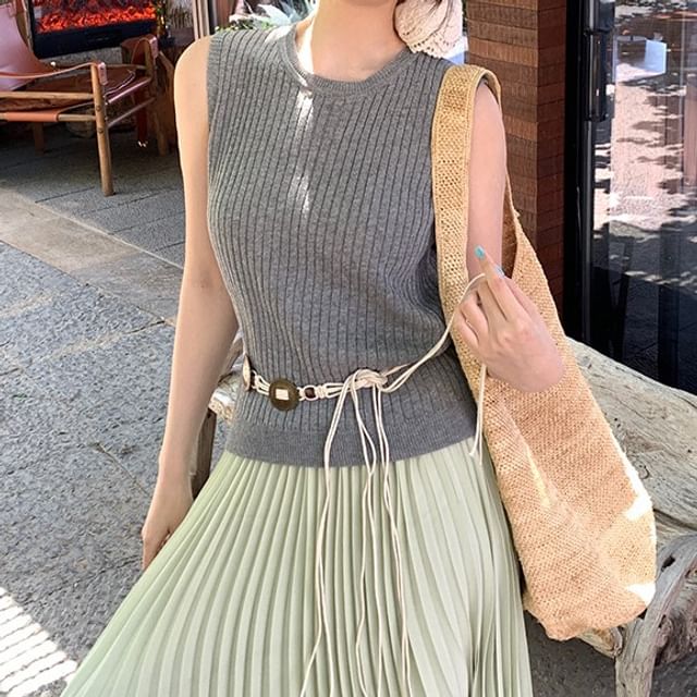 Plain Top Neck Sleeveless Knit Ribbed Crew