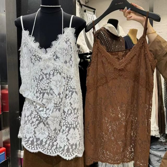 Top Lace Cami Plain Spaghetti V-Neck Strap