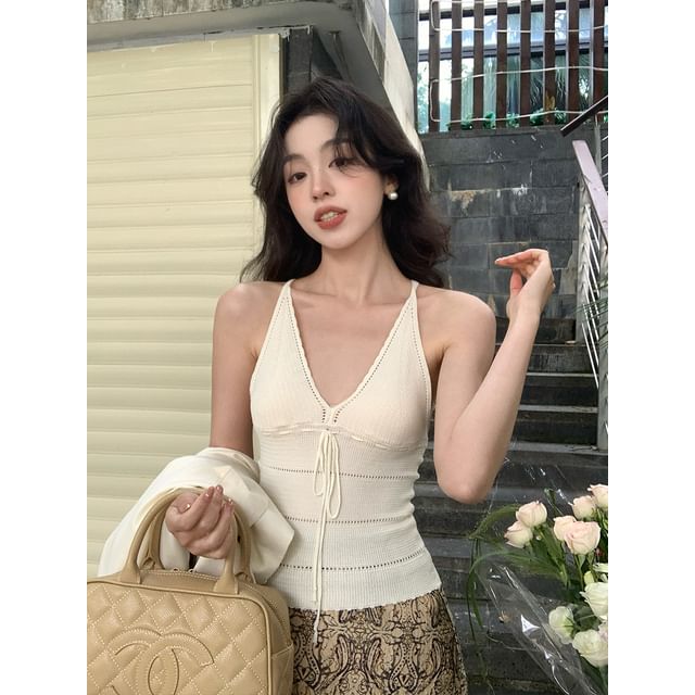 Neck Tie Plain Spaghetti V-Neck Top Camisole Strap