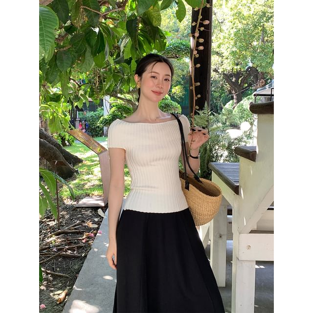 Knit Top Plain Shoulder Ribbed Off Short-Sleeve