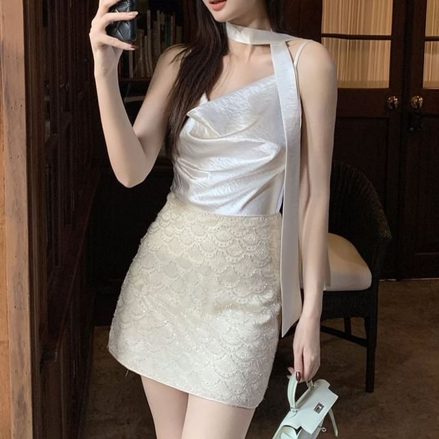 Camisole Spaghetti Top Neck Plain Strap Cowl