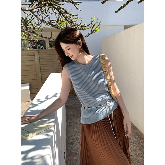 Top Plain Ribbed Knit Crew Neck Sleeveless
