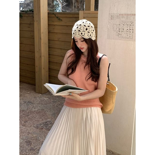 Top Crew Plain Sleeveless Knit Neck Ribbed