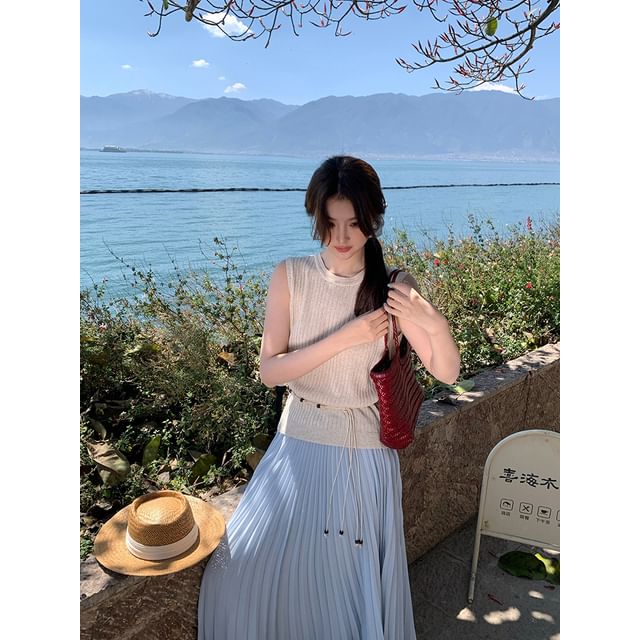 Top Plain Ribbed Knit Crew Neck Sleeveless