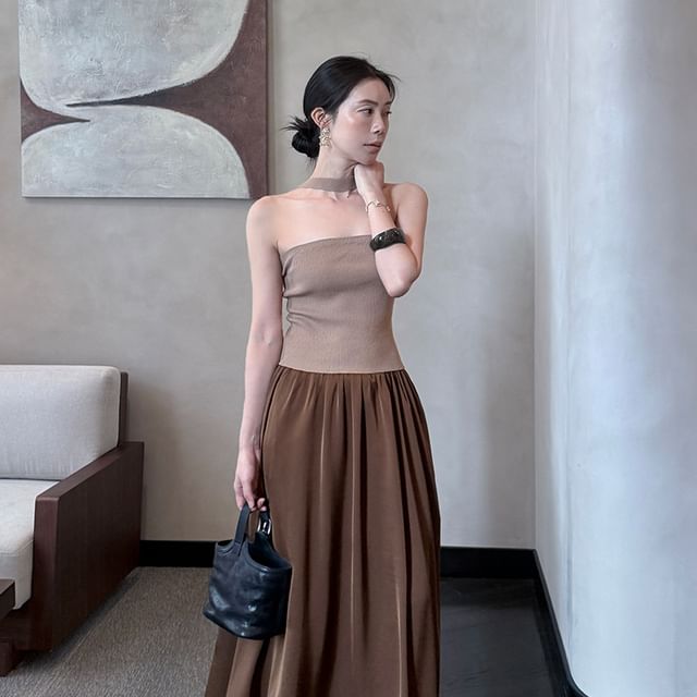 Halter Ribbed Knit Plain Top Neck