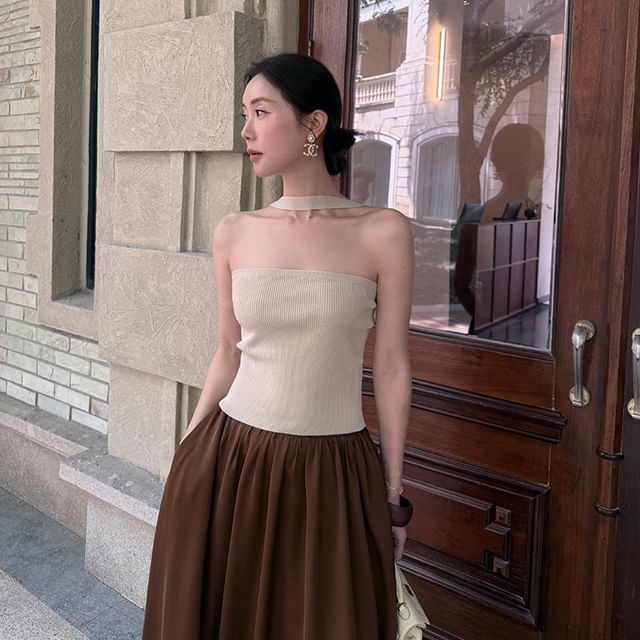 Halter Ribbed Knit Plain Top Neck