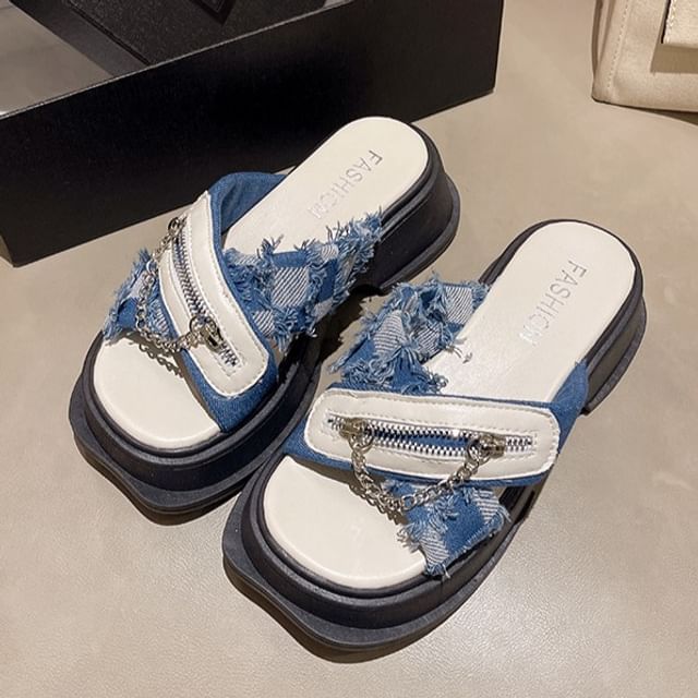 Detail Sandals Platform Slide Chain Zipped Cross Chunky Strap Heel