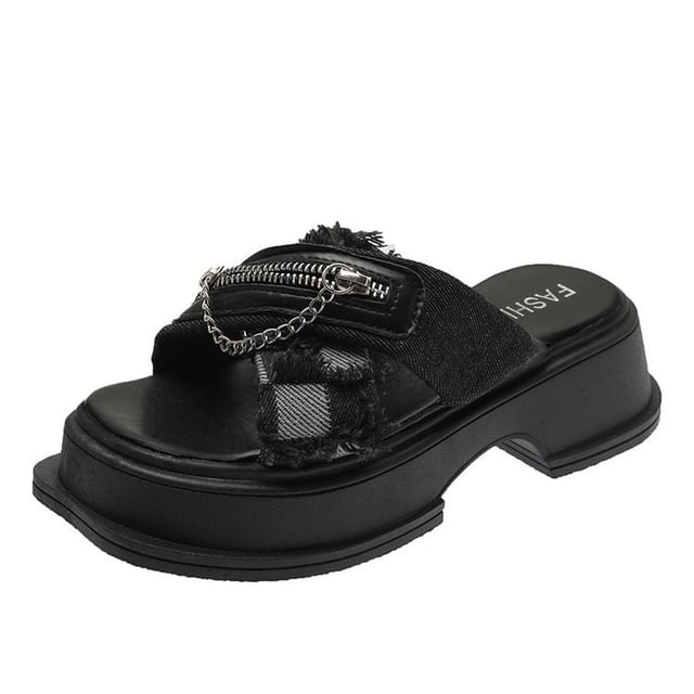 Detail Sandals Platform Slide Chain Zipped Cross Chunky Strap Heel