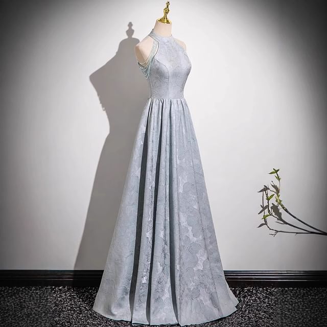 Evening Halter Crystal Neck A-Line Jacquard Fringed Faux Gown Floral