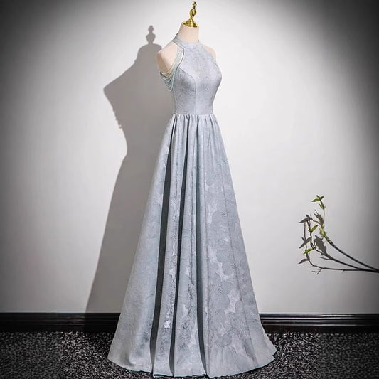 Evening Halter Crystal Neck A-Line Jacquard Fringed Faux Gown Floral