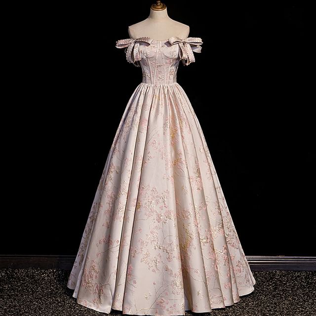 Floral Evening Faux Gown Off-Shoulder Pearl Jacquard A-Line Bow