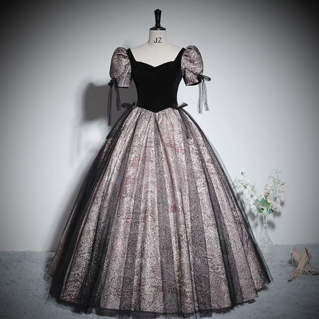 Puff-Sleeve Accent Glitter Panel Ball Bow V-Neck Mesh Gown