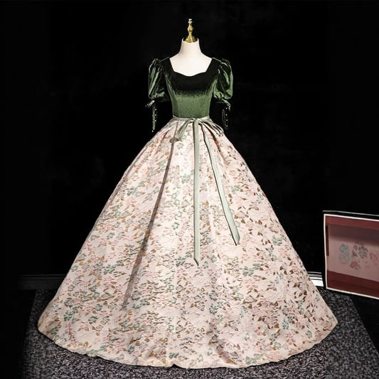 Jacquard Floral Ball Square Accent Gown Puff-Sleeve Neck Bow Velvet Panel