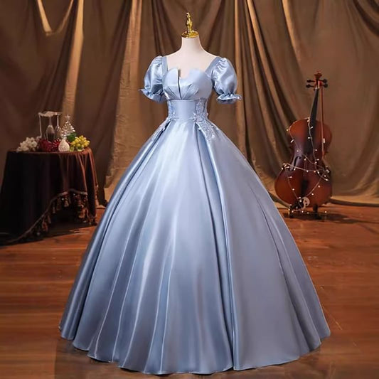 Embroidered Neck Plain Evening Gown Short-Sleeve Square Ball