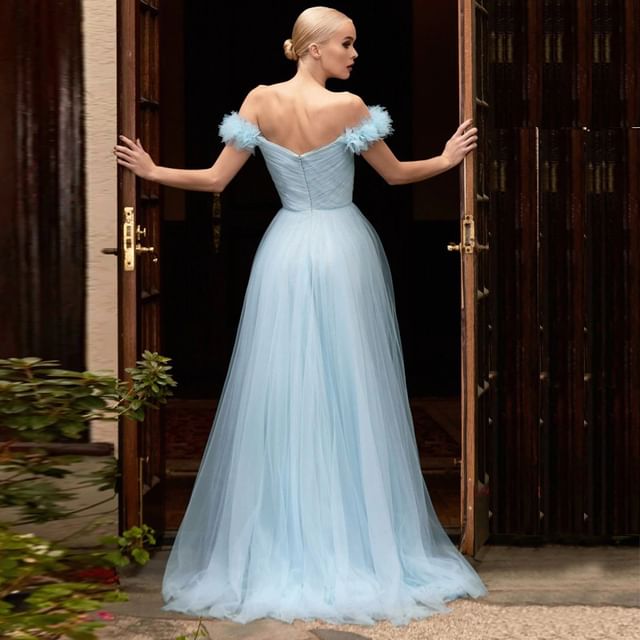 Panel Evening Plain Gown Off Sheer Shoulder