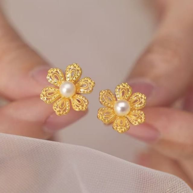Faux Alloy Earring Floral Stud Pearl