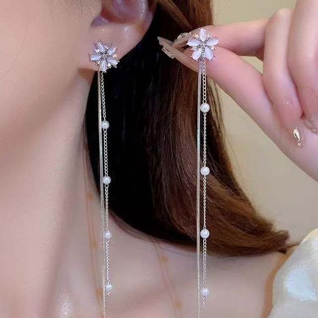 Faux Threader Pearl Floral Alloy Gemstone Earring