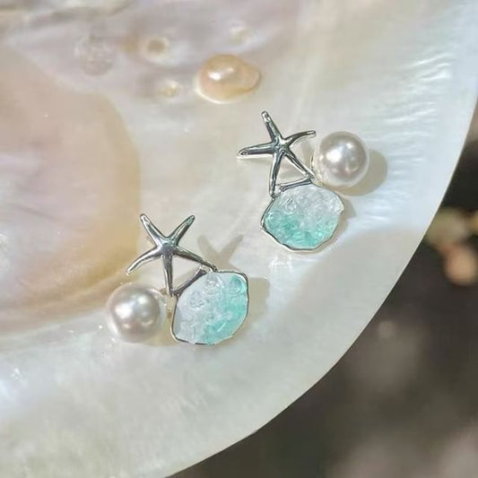 Stud Faux Alloy Rhinestone Starfish Pearl Earring