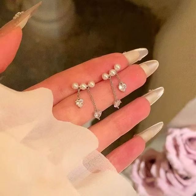 Heart Faux Alloy Dangle Pearl Earring Rhinestone