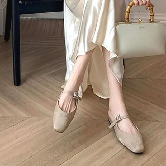 Square Toe Rhinestone Chunky Heel Mules