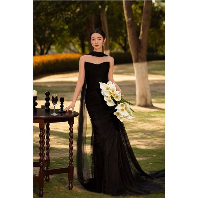 Mesh Plain Gown Tube Evening Sheath