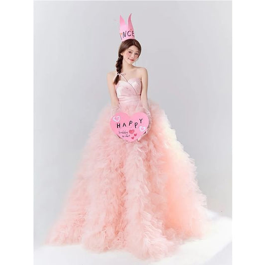 A-Line Panel Mesh Ruched Evening Tube Plain Gown