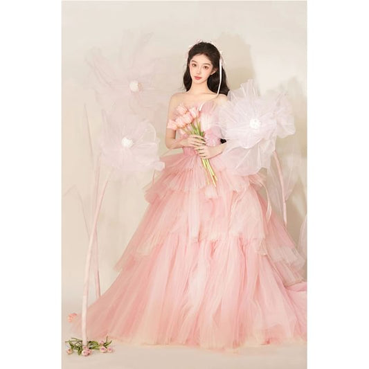 Tube Gown Plain Evening Mesh Lace Tiered Panel A-Line