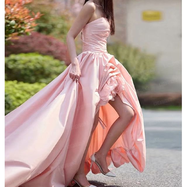 Tube Plain A-Line Flower Gown Evening Asymmetrical Ruched